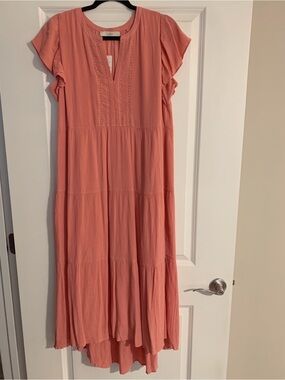 LOFT Coral Pink Flutter Sleeve Tiered Maxi Dress